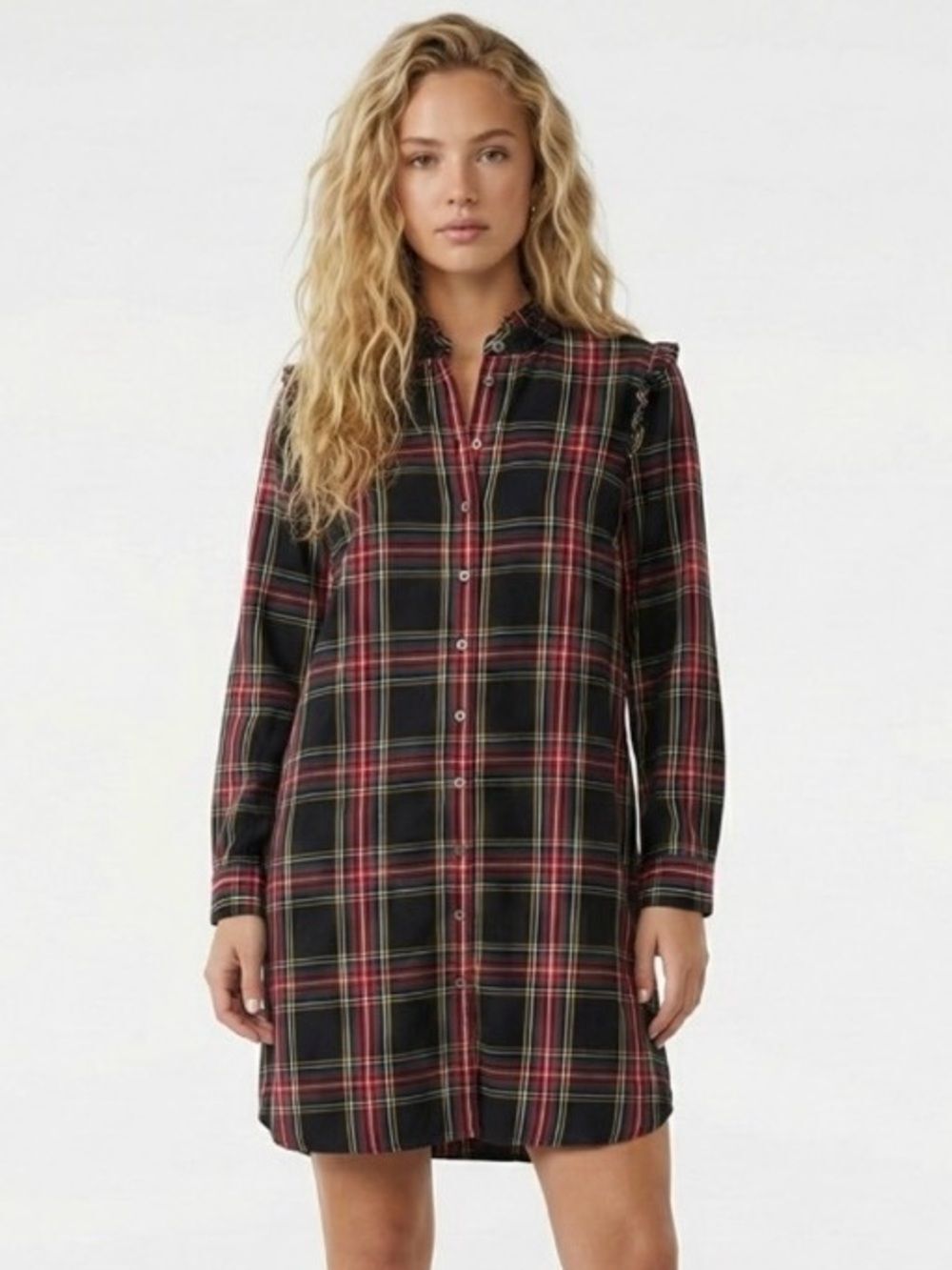 J. Crew Tartan Plaid Ruffle Shirt Dress 6 Black Red Mini Dark Academia Preppy